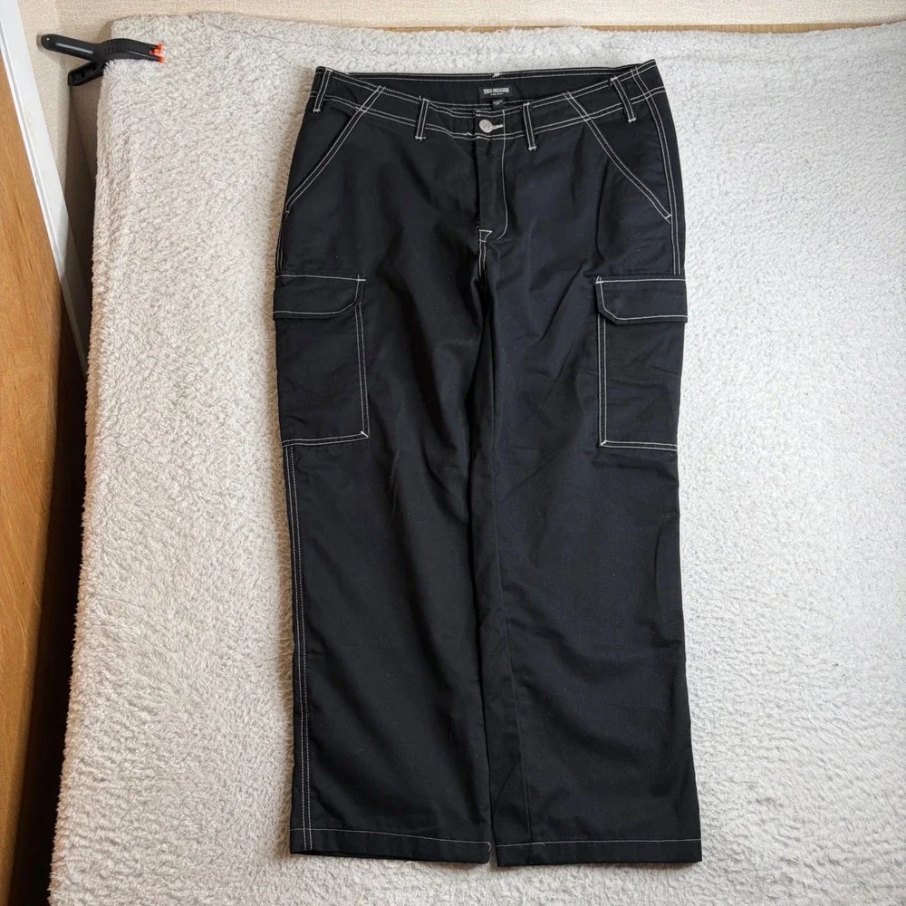 True Religion Mens Black Contrast Stitch Cargo Pants Size 34 (38x29) baggy loose